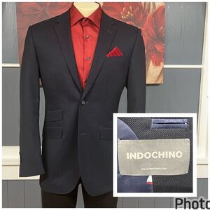 Indochino Blazer Bespoke Men 42-44R Wool Tailored Jacket Dark Navy Working Cuffs